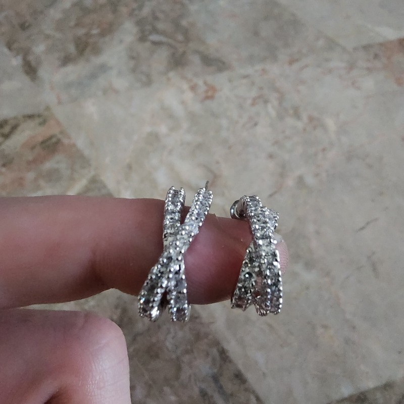 Silver Tone Earring Set Half Hoop Style Crossing 