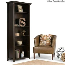 70" x 30" Transitional 5 Shelf Bookcase Solid Wood Storage Shelving Closed Back