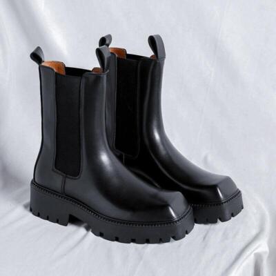 Men's Leather Square Toe Pull on Riding Chelsea Boots Dress Motorcycle Shoes Man
