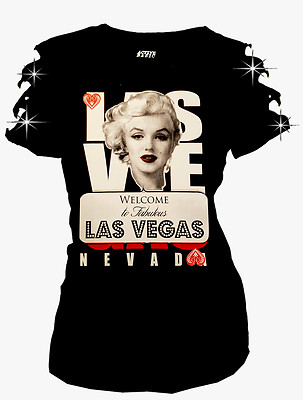 New LAS VEGAS NEVADA T-Shirt, Marilyn Monroe  & Rhinestone Ripped Cut Out S~3XL