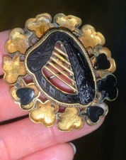 Victorian Carved Irish Bog Oak Harp Lyre Gilt Brooch ~ Pendant Project 1800's