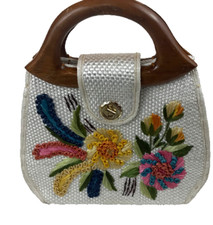 Vtg Floral Raffia Woven Straw Purse Handbag Wood Handles Made In Philippines