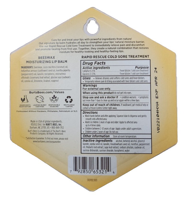 Burt's Bees Moisturizing Lip Balm & Cold Sore Treatment Duo Pack EXP