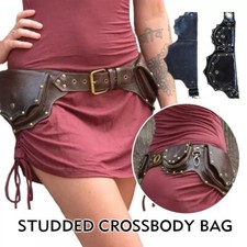 Medieval Steampunk PU Leather Belt Hip Bag Pocket Studded Brown Black Waist Bag