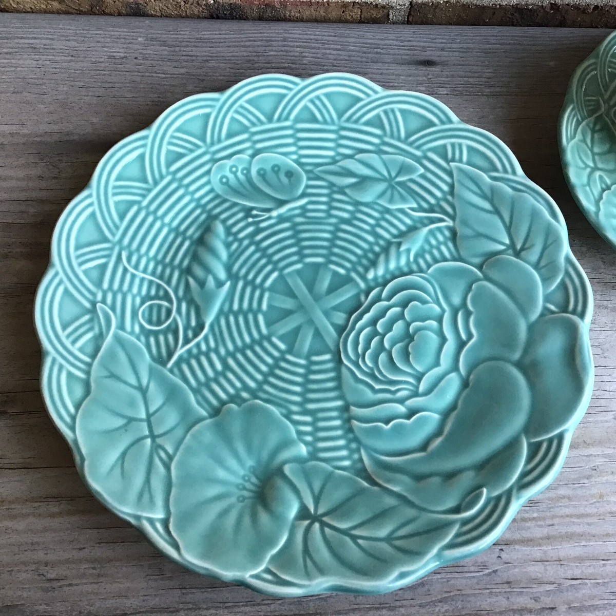 GENEVIEVE LETHU Cup Saucer Plate Set AQUA BLUE Turquoise Floral