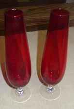 Ruby Red Art Glass Bud Vases x 2 Twisted Clear Stem 20 cm high
