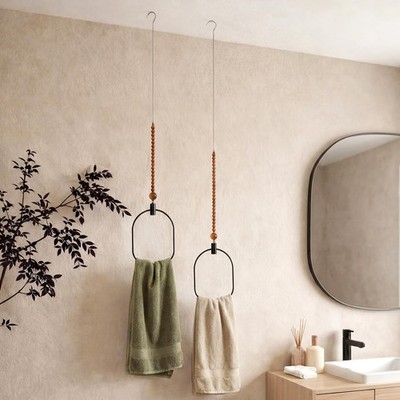 2 Pcs Ceiling Mounted Towel Rack Black Metal Design Vertical Towel Holder Rus...