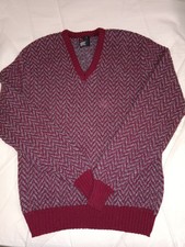 Vintage Robert Bruce Red Gray V Neck Wool Made in USA Sweater Size L