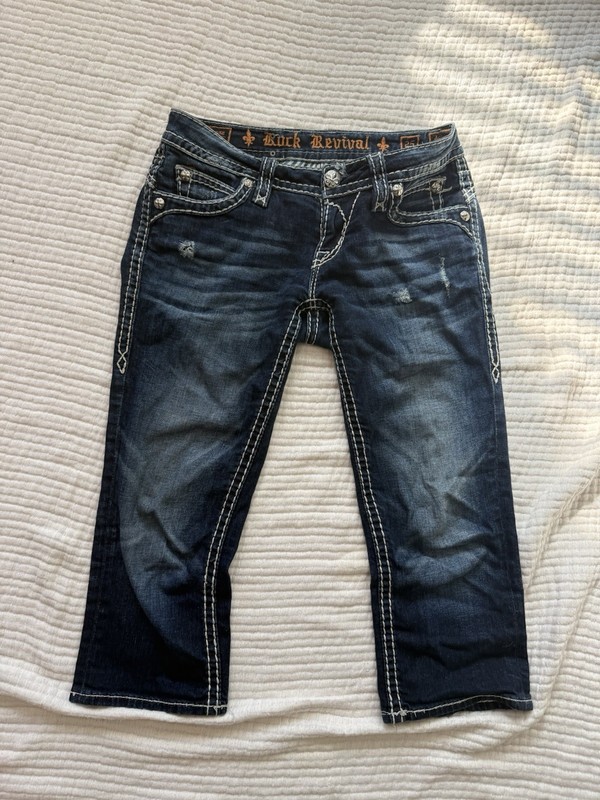 ROCK REVIVAL WOMEN'S SIZE 25 CAPRI JEANS PANTS DENIM DARK BLUE WASH