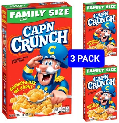 3 PACK!  FAMILY SIZE Cap'n Crunch Sweetened Corn & Oat Cereal 22.1 Oz