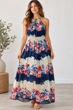 Pink Owl Floral Halter Maxi Dress Navy Boho Resort Size M