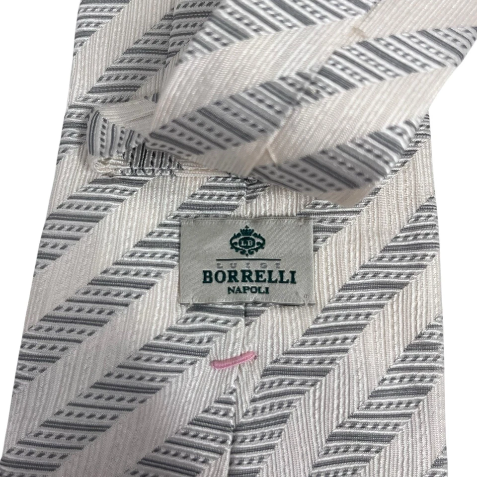 Luigi Borrelli Napoli Mens Tie Cream/Silver Striped Silk Italy 3.75" (W) 59" (L) - Image 2 of 4