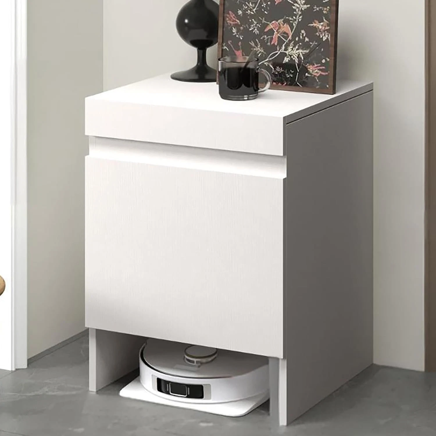 Stylish Robot Vacuum Stand Cabinet with Doors for Home & Office Storage - White