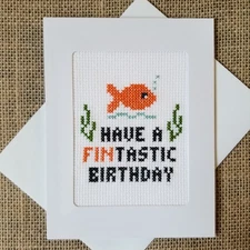Completed Finished Cross Stitch Have A Fintastic Birthday Fish Blank Note Card