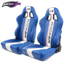 Reclinable Racing Seat W Dual Slider White Striped Blue Pu Leather Pair