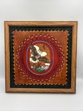 VTG Southwestern Tooled Leather Wall Plaque Bald Eagle Desert Scene 13.5” Rare