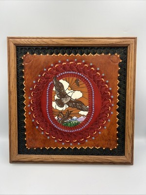 VTG Southwestern Tooled Leather Wall Plaque Bald Eagle Desert Scene 13.5  Rare