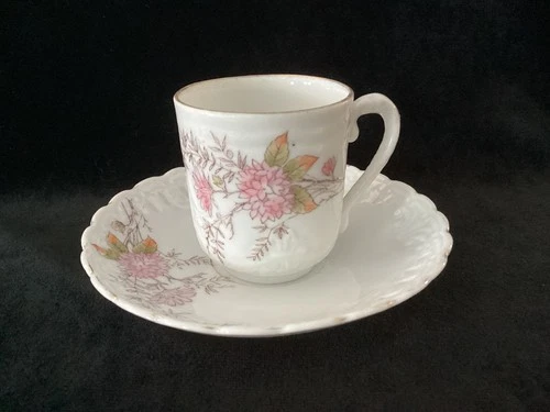Antique Porcelain Cup & Saucer - Floral pink & green decorations - No backstamp