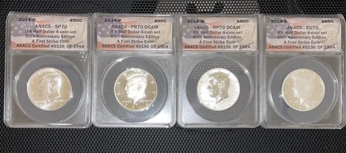 2014 W REVERSE PROOF SILVER KENNEDY ANACS PR70 SP70 50TH ANNIVERSARY 4 COIN SET