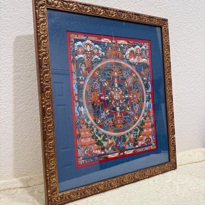 Vtg Framed Tibetan Thangka Mandala Buddhist Painting Custom Dallas Frame 21''