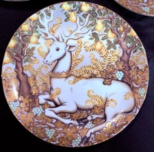 Dept 56 Enchanted Forest 8" Plate Deer Stag Pears Gold Trim Christmas