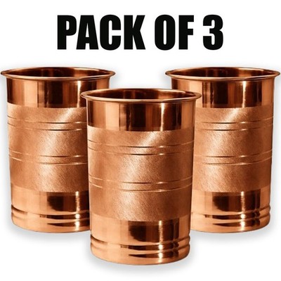 100% Copper Water Drinking Storage Tumbler Glass Embossed Health Benefits PACK 3