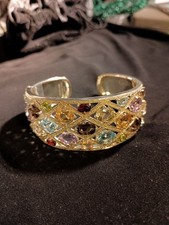 925 Sterling Silver 23 Carat Vintage Multicolored Gemstone Hinged Cuff Bracelet