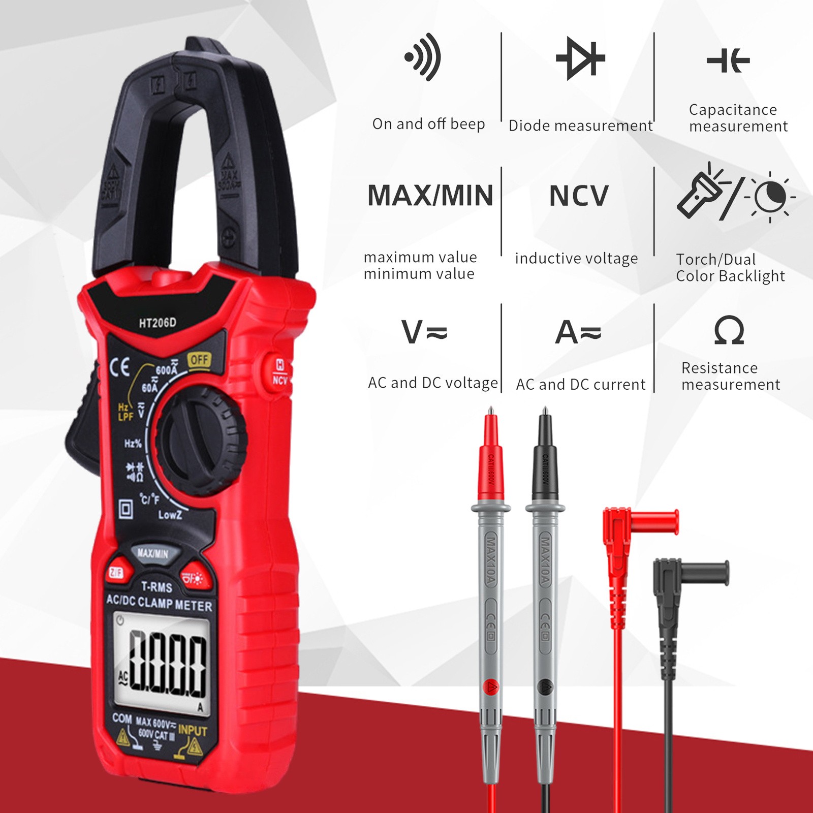 HT206B Digital Clamp Meter Voltmeter Amp Ohmmeter Tester AC/DC LCD MultimeterCl