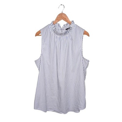 Banana Republic Sleeveless Ruffle Neck Top Womens XL Striped Coastal Blue White