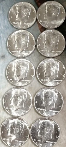 1964 Kennedy Half Dollars - 10 Each - 90% Silver - Brilliant Uncirculated - BU