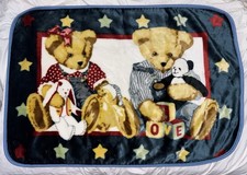 Vintage Blue Jean Teddy Boy Girl Bears Plush Fleece Baby Blanket Throw BJT