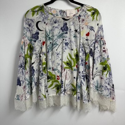 Cinq a Sept Silk Celestial Floral Lace Trim Blouse White Bell Sleeve Small