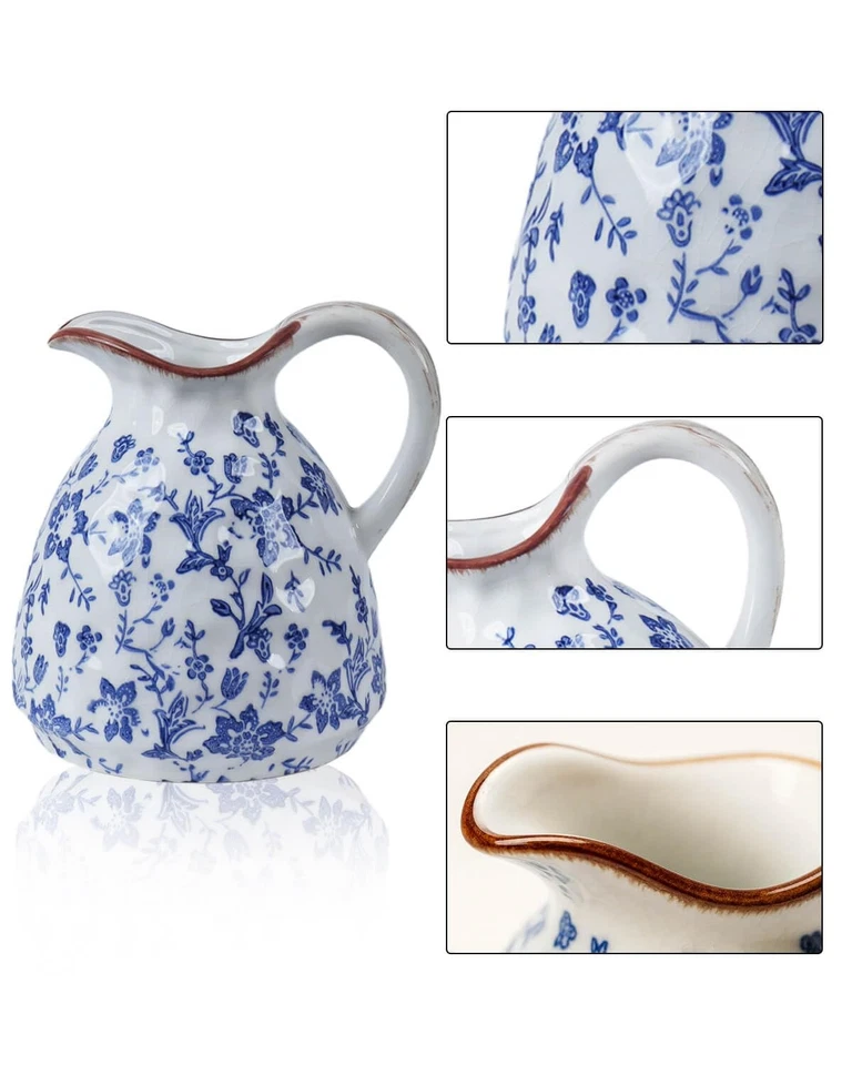 Blue and White Ceramic Vase with Handle – 7.28 Inch Vintage Crackle Glaze Pit... - Image 3 of 4