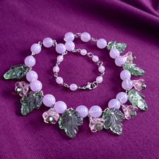 Vintage Pink & White Glass Flower Cluster Bead Necklace with Brass Bar Chain — listing 2