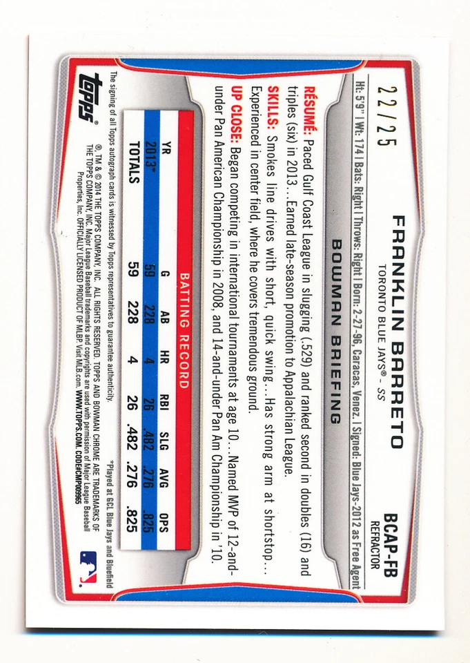 2014 Bowman Chrome Франклин Баррето оранжевый переливающийся с автографом 25 Athletics - Изображение 2 из 2