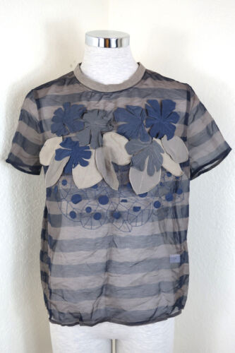 Brunello Cucinelli FLoral Mesh Short SLeeve Silk Blue Top Blouse Shirt S M 6 7 8 - Picture 2 of 23