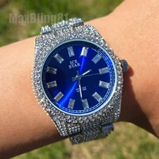 MEN'S HIP HOP ICED SILVER PLATED BLUE DIAL SIMULATED DIAMOND WRIST BLING WATCH