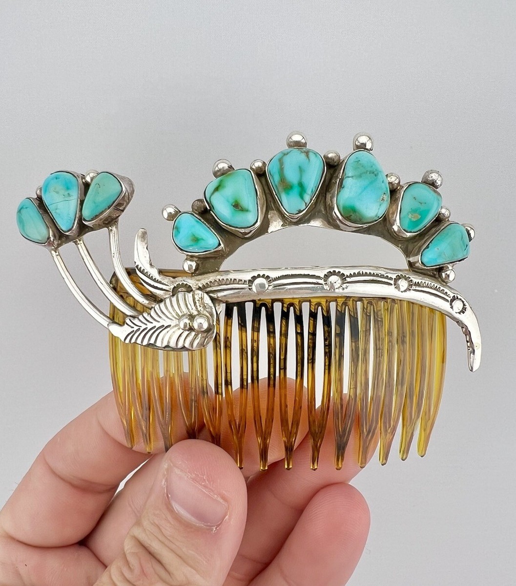 Exceptional Native American Navajo Royston Turquoise Sterling Silver Comb Exceptional Native American Navajo Royston Turquoise Sterling Silver Comb