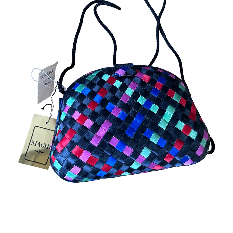 Bolso clutch bandolera vintage de satén arco iris tejido Magid de los 80 Deadstock Foto 2 de 4