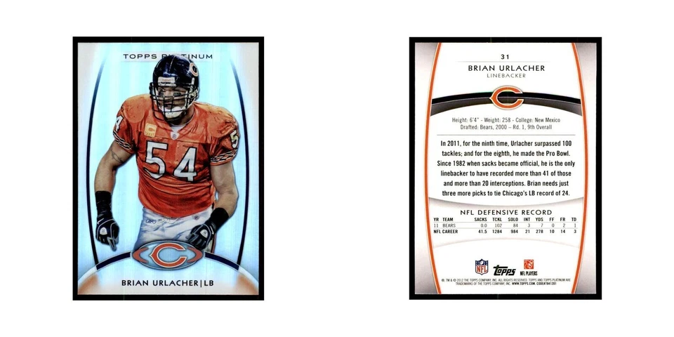 2012 Topps Platinum Brian Urlacher Football Cards #31 - Image 3 of 3