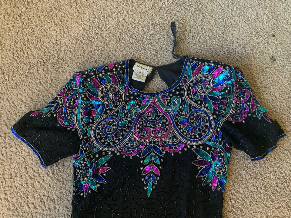 VINTAGE 80s 90s SEQUIN LITTLE BLACK DRESS SZ 6 SILK MARDI GRAS MUTI COLOR FORMAL - Image 3 of 4