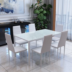 Glass Table And 6 Chairs Tempered Glass Top High Back Seat White