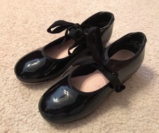 VGC Girls Capezio Tele Tone Tap Black Patent Leather Tap Shoes Sz 13 M