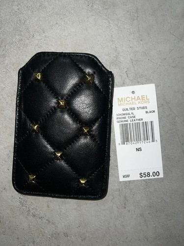 Michael Kors Quilted Studs Leather Card Holder in Black Gold Slip Pocket - Picture 2 of 3