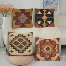 4 Set of Wool Jute Kilim Cushion Cover Throw Indian Vintage Cushion Pillow Throw