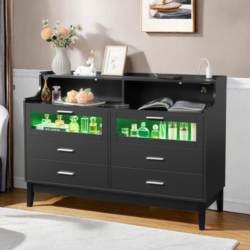 6-Drawer Nightstand - 2 Tempered Glass LED Lighting Drawers & Black Beside Table - Picture 12 of 24
