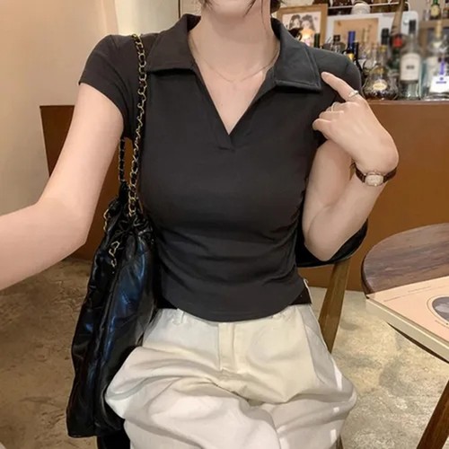 Women's Fashionable Solid Color Short Sleeve Top with Lapel and Waist Cinching - Picture 5 of 16