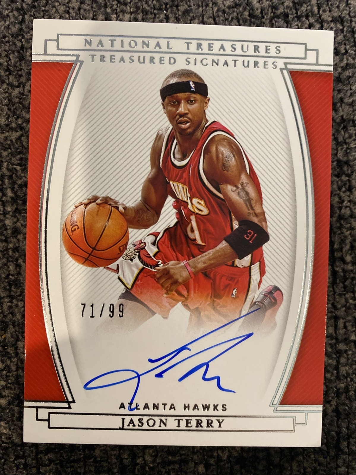 2020-21 National Treasures Treasured Signatures Jason Terry /99 Auto Hawks🔥💎🏀