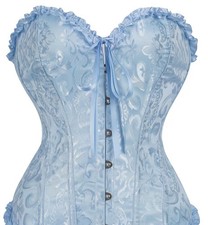 Light Blue Floral Overbust Corset Jacquard Boned Ruffle Bow Button