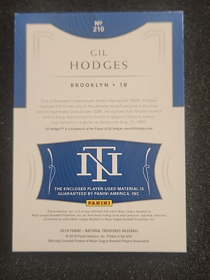 2019 Panini National Treasures Baseball GIL HODGES Jersey Patch #d 99/99 - Image 4 of 4